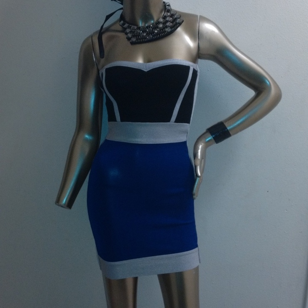 BeBe beautiful scrapless black blue and silver bodycon dress
